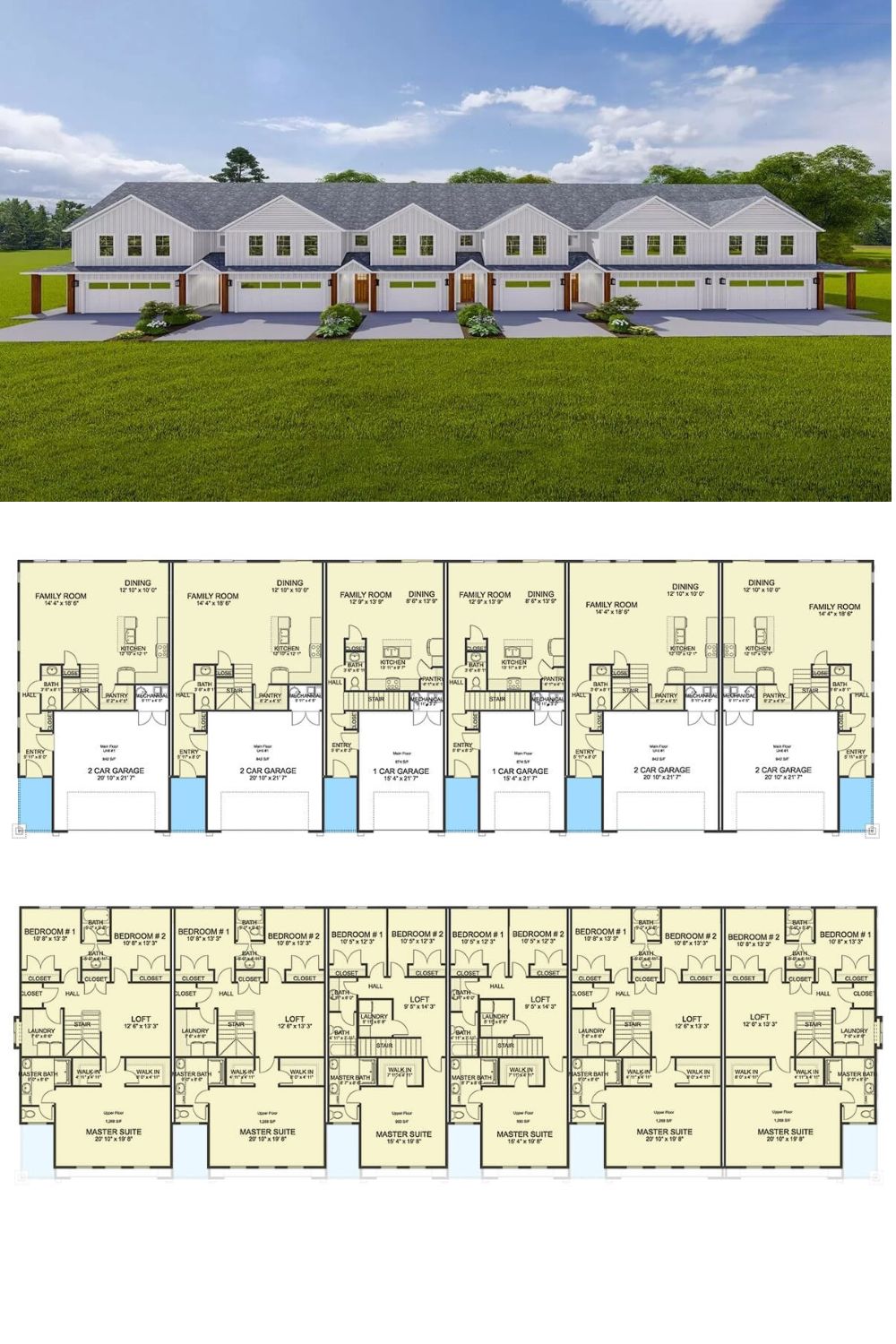 Board and batten siding, gable rooflines, and warm wood accents grace this craftsman style 6-unit multiplex home. Each unit comes with 3 bedrooms, 2.5 baths, and a loft.