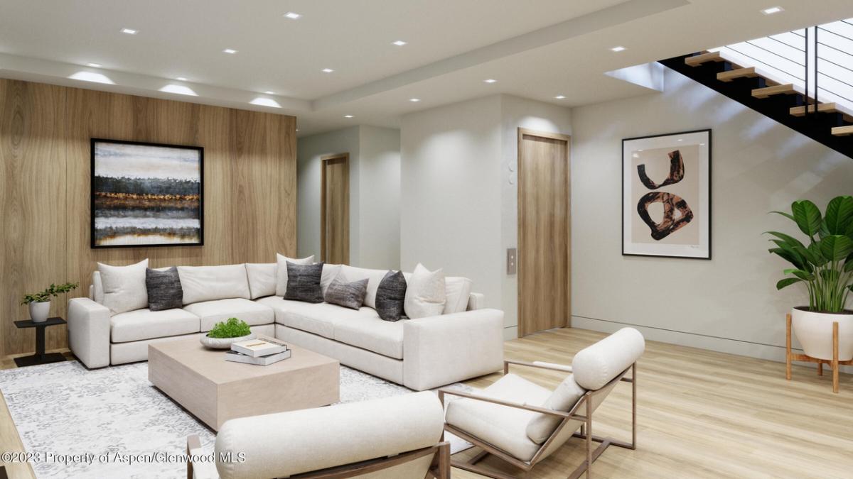 Living room with couches, wooden doors and a large rug.