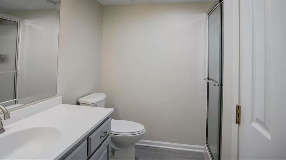 A bathroom with a countertop, sink, mirror, and toilet.