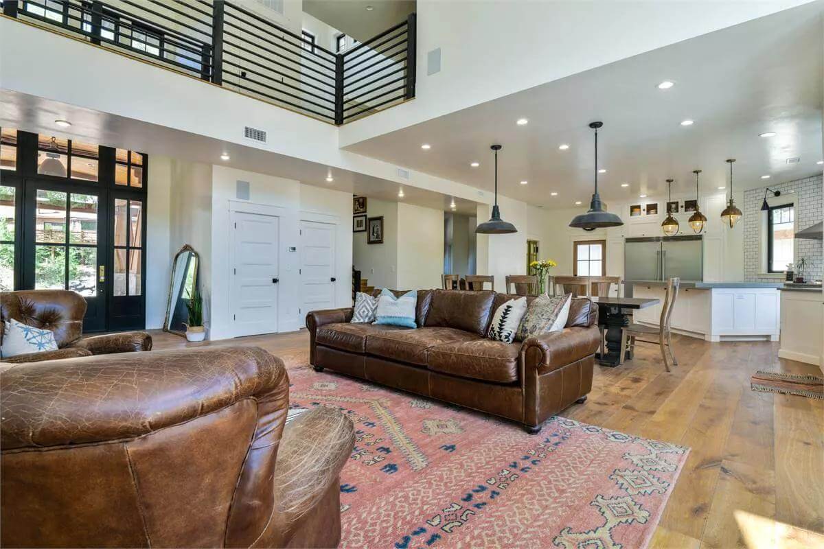 The great room opens completely to the dining area and kitchen.