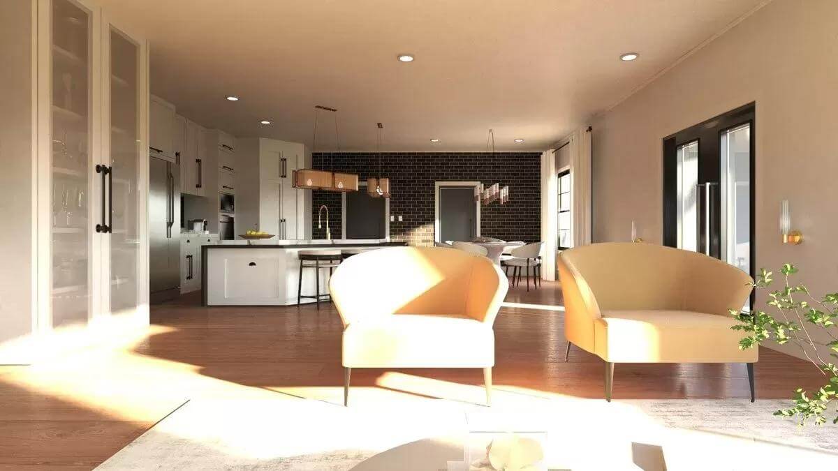 View of the kitchen and dining room from the living room.