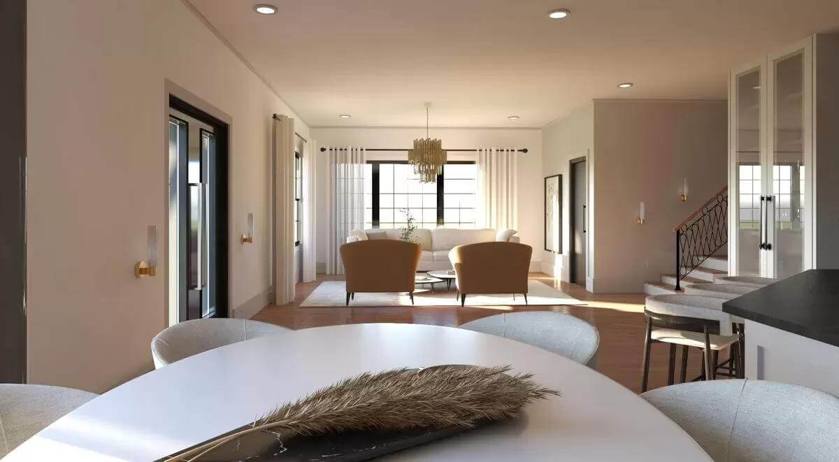 Dining area with a round dining set overlooking the living room.