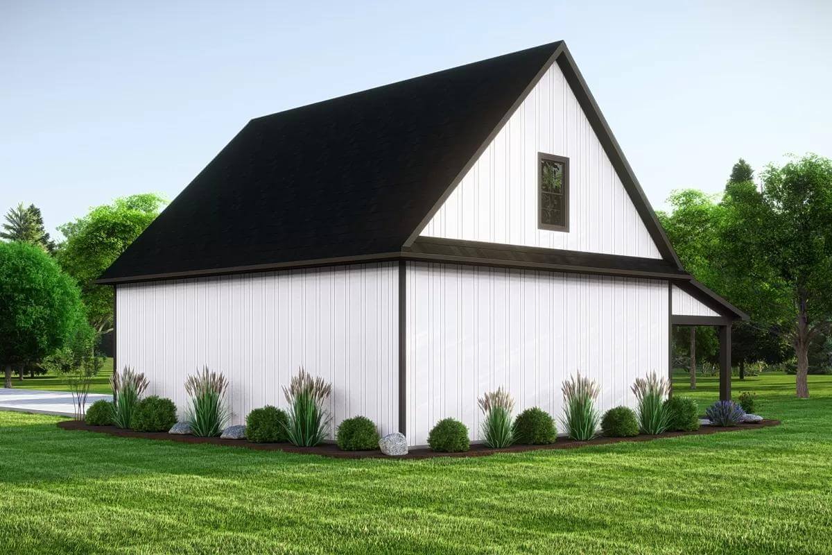 Right-rear view with board and batten siding, and a small window.