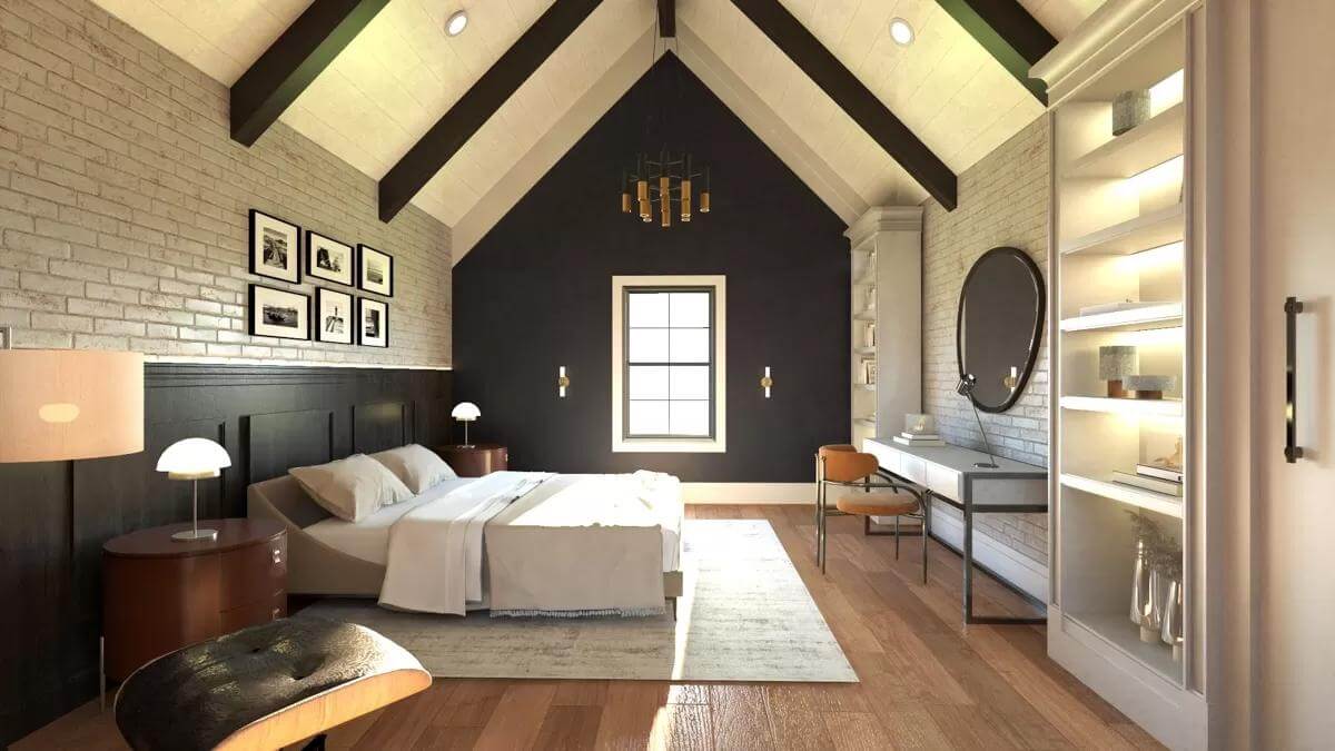 Bedroom with black and brick walls, and a cathedral ceiling with exposed beams.