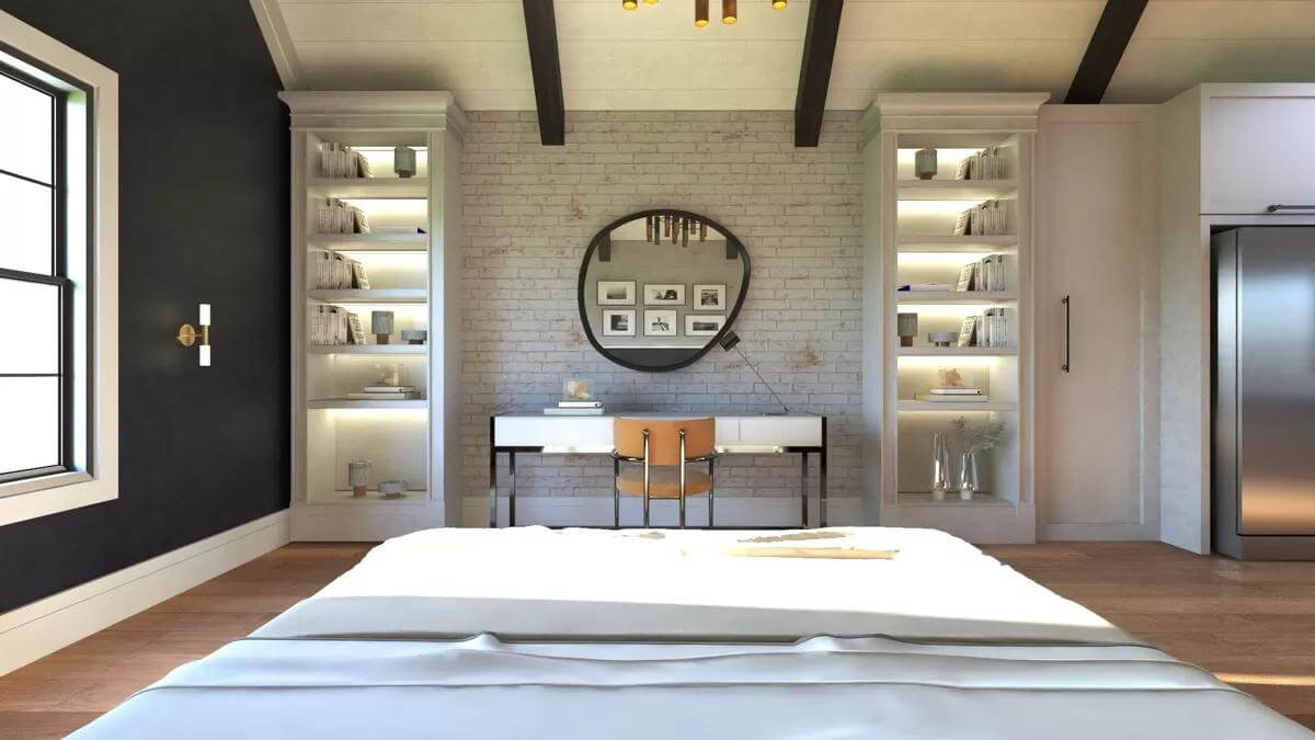 Study area with a white desk topped by a decorative mirror.