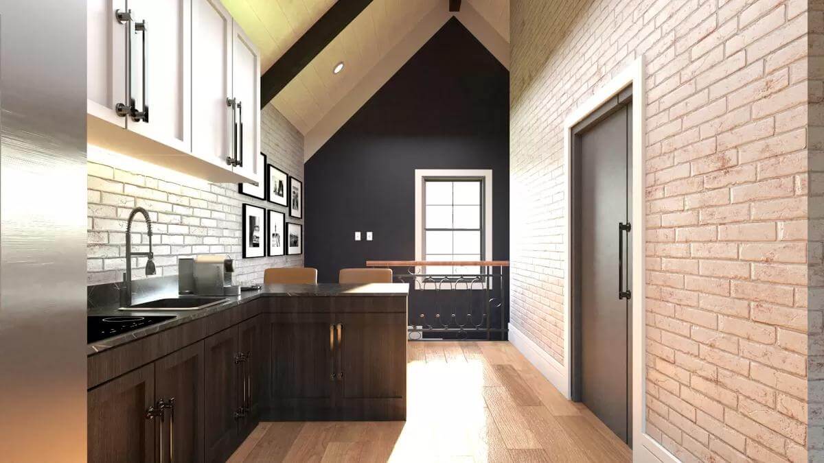 The kitchenette includes a built-in cooktop and brick walls.