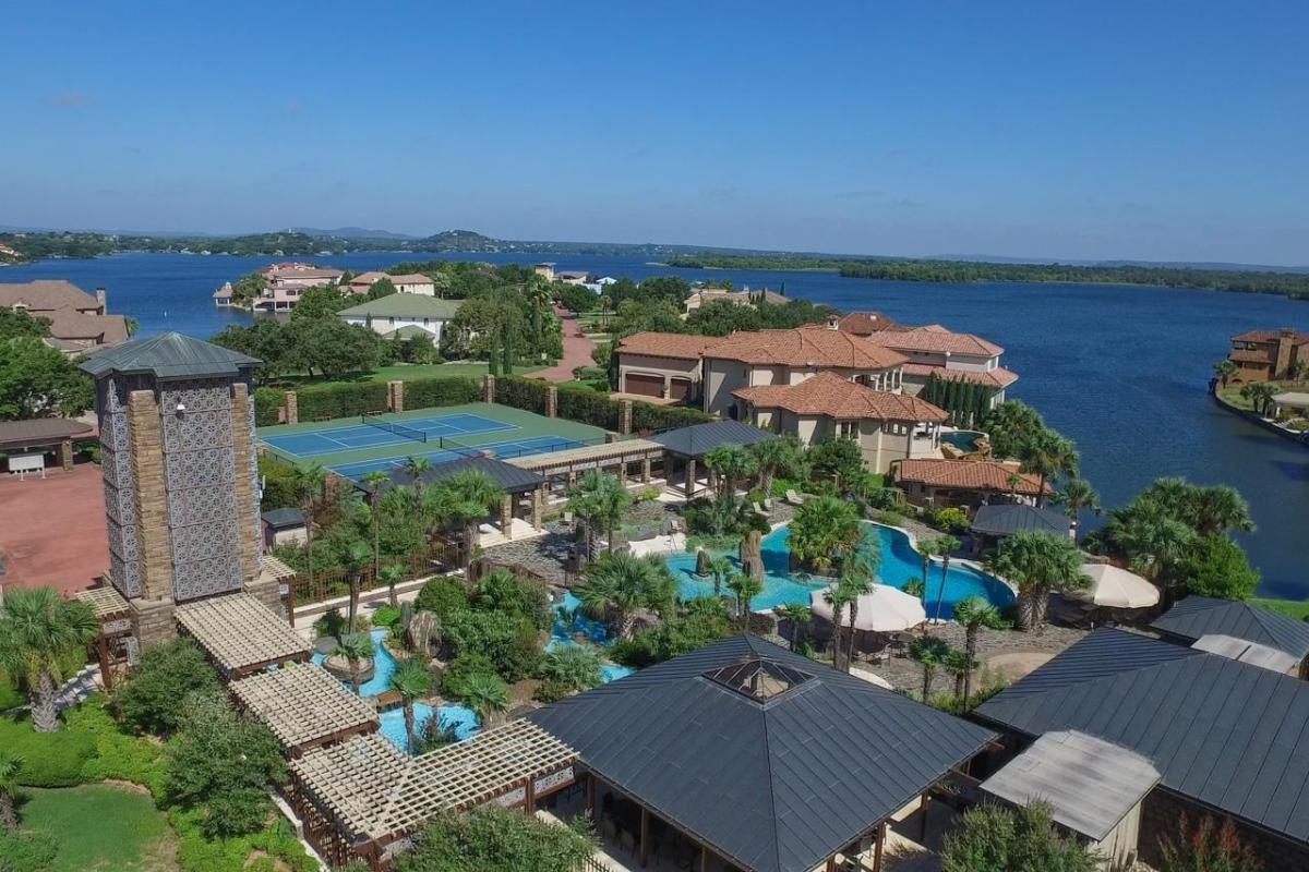 Aerial view of the mansion and nearby houses.