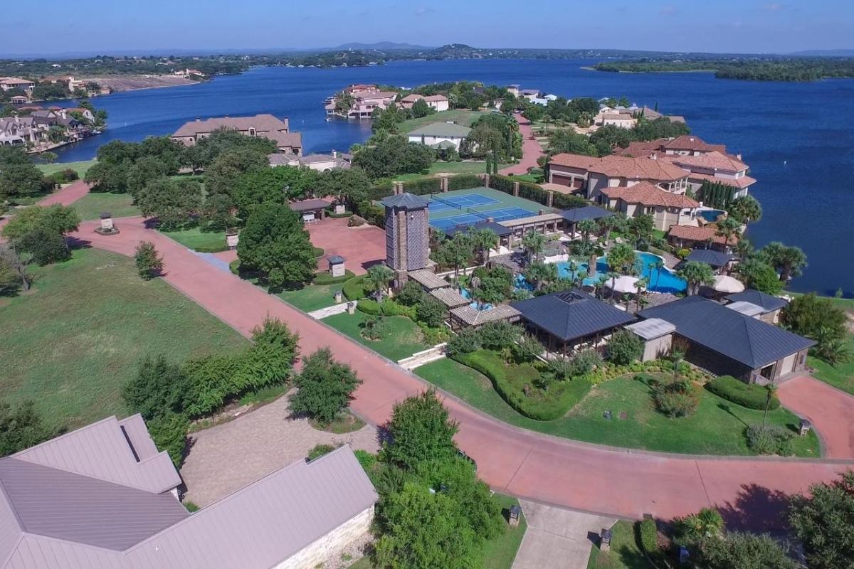 Aerial view of the mansion and nearby houses.