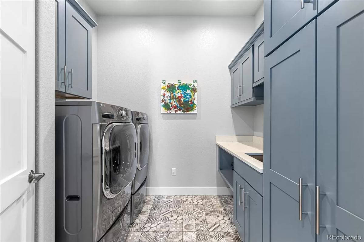 Laundry room with blue cabinets and a utility sink.