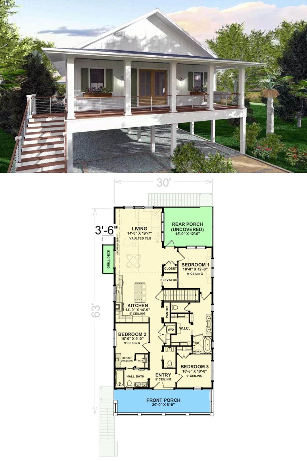 This 3-bedroom cottage features a fresh facade with white board and batten siding, shuttered windows, and an elevated front porch framed with stately columns.