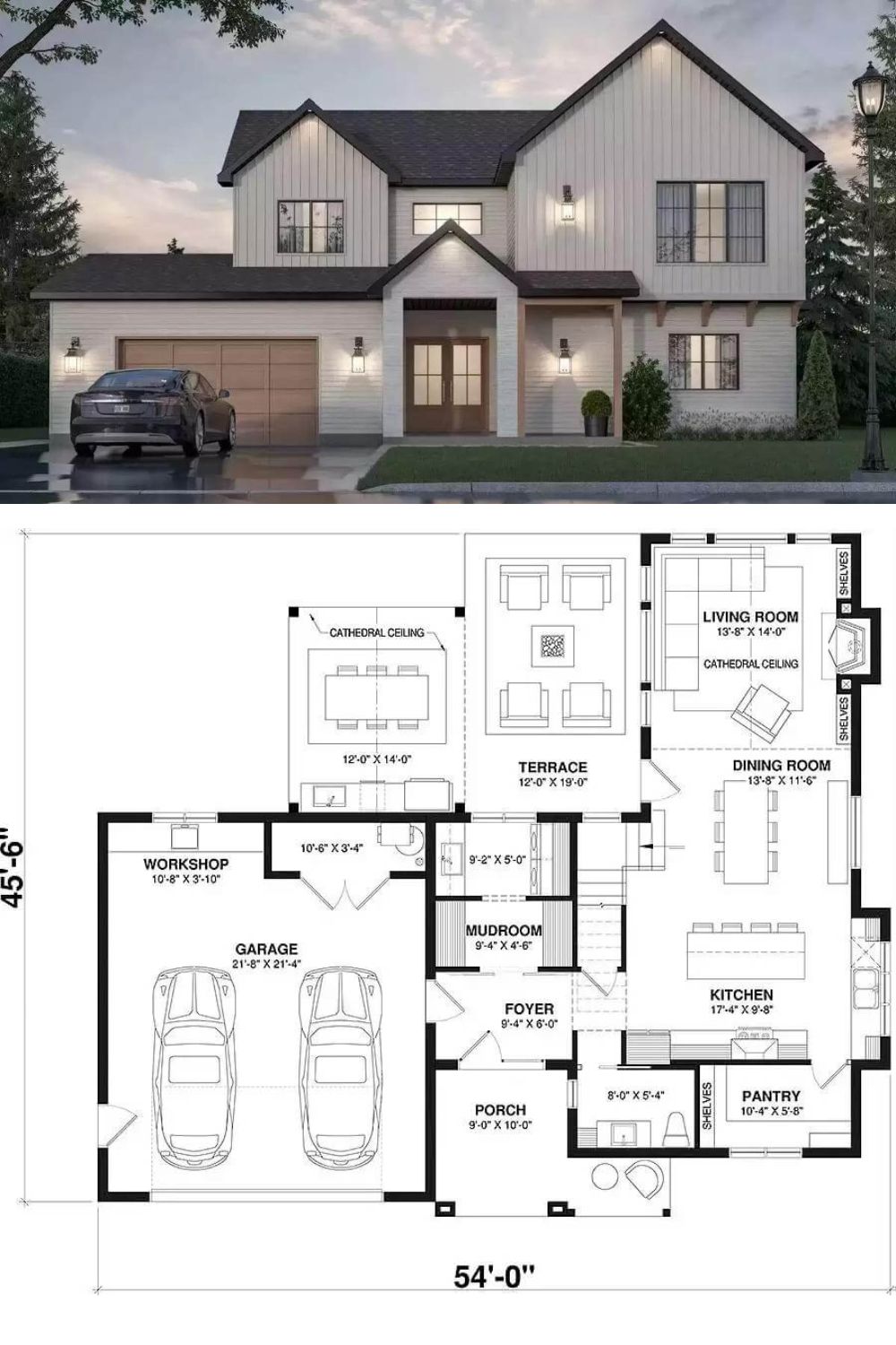 This two-story modern farmhouse radiates a classic charm with vertical and horizontal siding, gable rooflines, and an inviting front porch highlighted by painted brick and timber beams. It includes a double front-facing garage with workshop space and room for mechanicals.