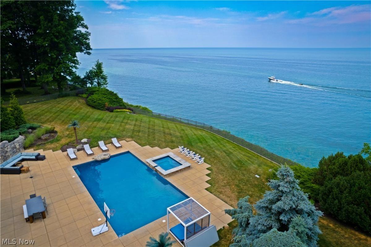 Aerial view of the pool with lounge chairs.