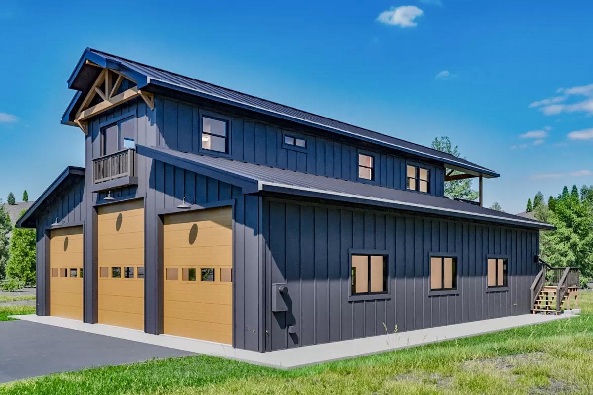 Front-right view with 3-bay garage topped by a balcony.