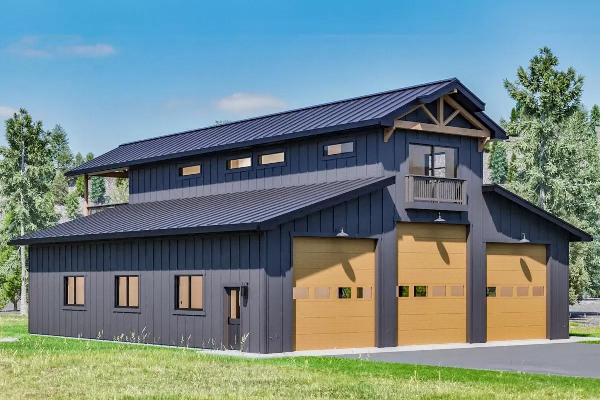 Front-left view with clerestory and sliding windows, and a 3-bay garage.