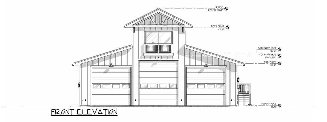 Front elevation sketch of the 1-bedroom single-story RV-friendly barndominium.