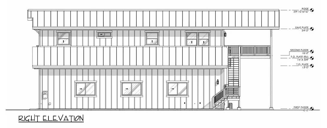 Right elevation sketch of the 1-bedroom single-story RV-friendly barndominium.