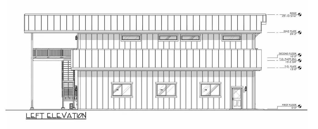 Left elevation sketch of the 1-bedroom single-story RV-friendly barndominium.