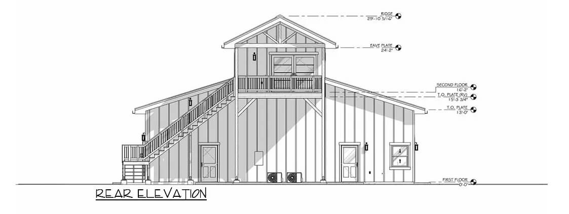 Rear elevation sketch of the 1-bedroom single-story RV-friendly barndominium.