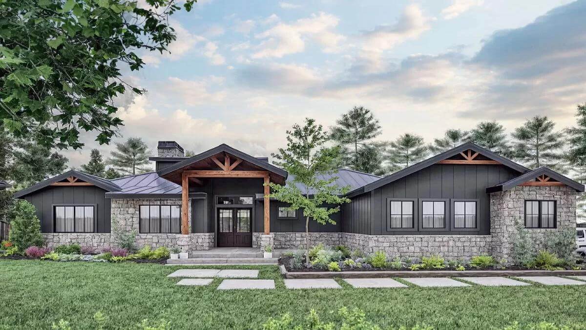 3-Bedroom Craftsman Style Single-Story Ranch for a Corner Lot with Open Concept Design (Floor Plan)