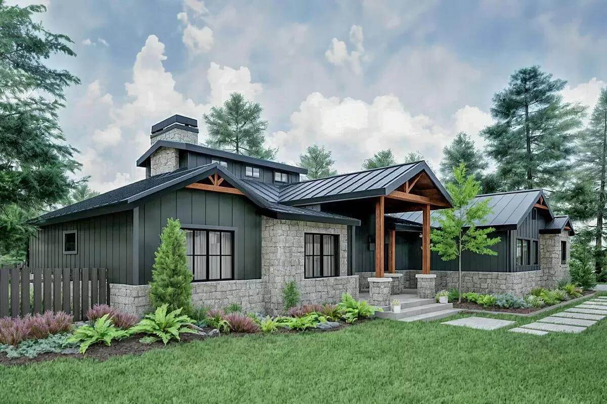 Front-left view with a covered entry porch highlighted by stone based pillars.