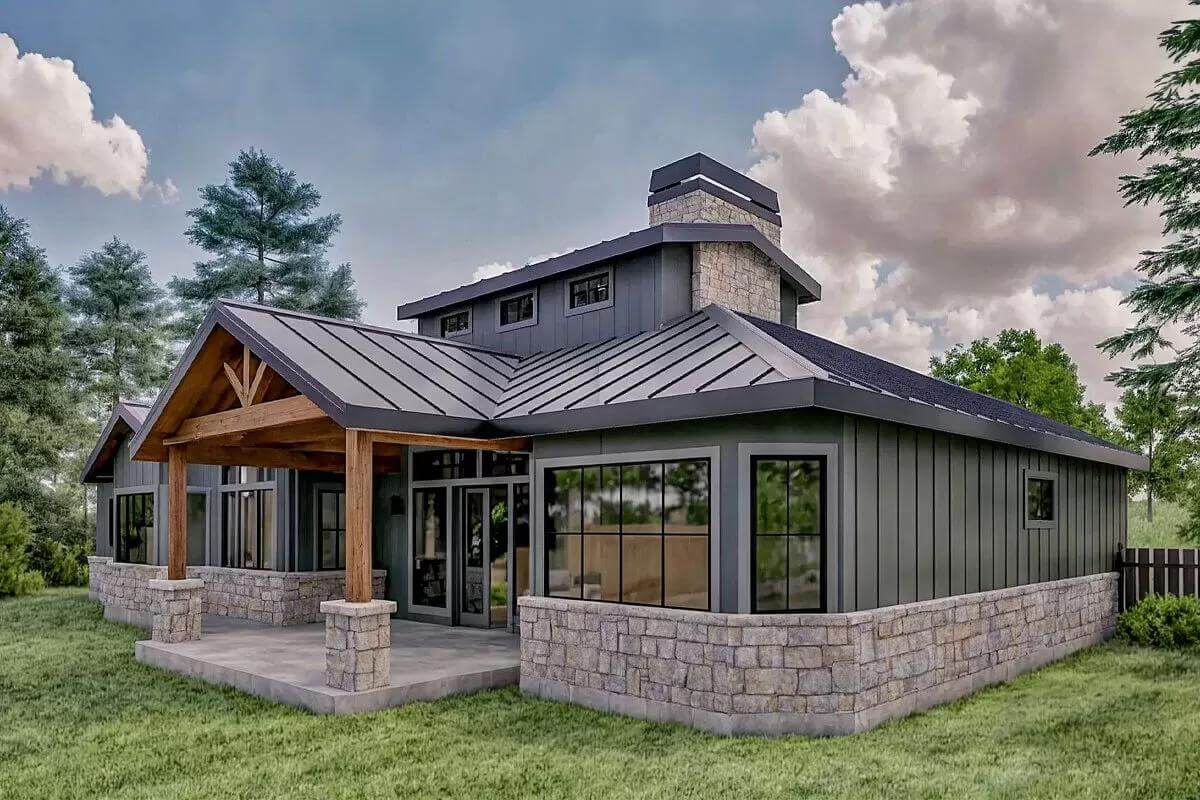 Rear-left view with a covered patio topped by clerestory windows.