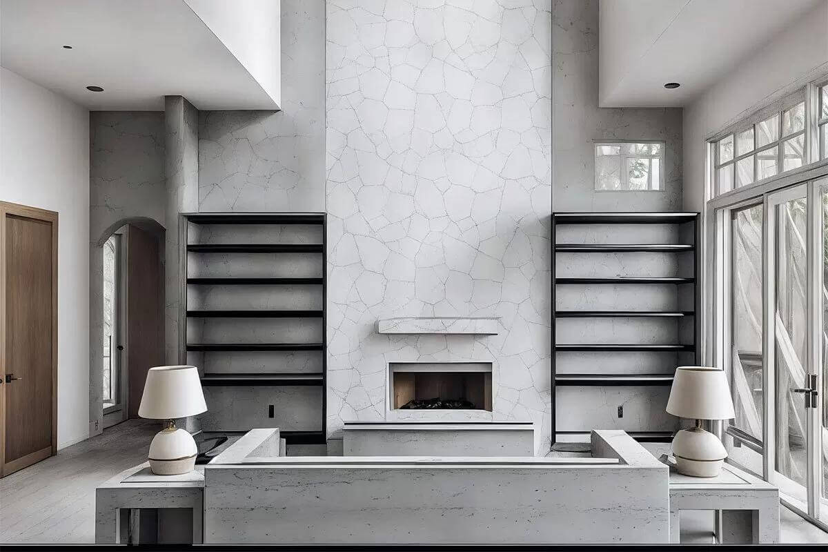 Living room with a modern sofa and a fireplace flanked by built-in shelves.