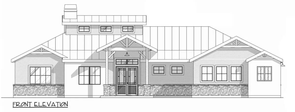 Front elevation sketch of the 3-bedroom craftsman style single-story ranch.