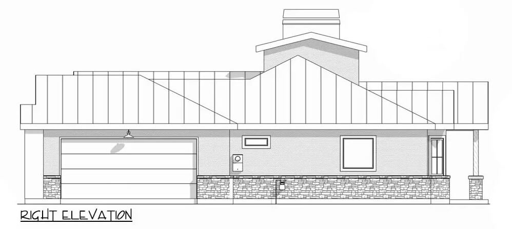 Right elevation sketch of the 3-bedroom craftsman style single-story ranch.