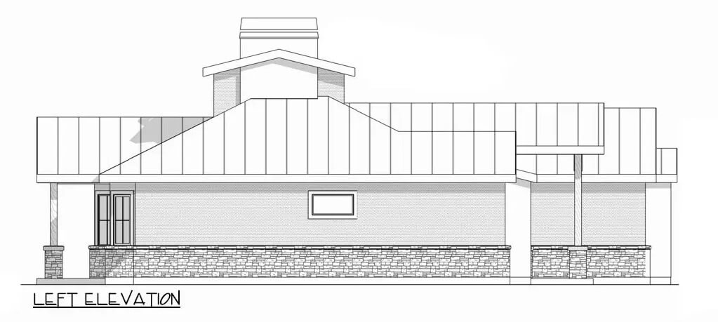 Left elevation sketch of the 3-bedroom craftsman style single-story ranch.