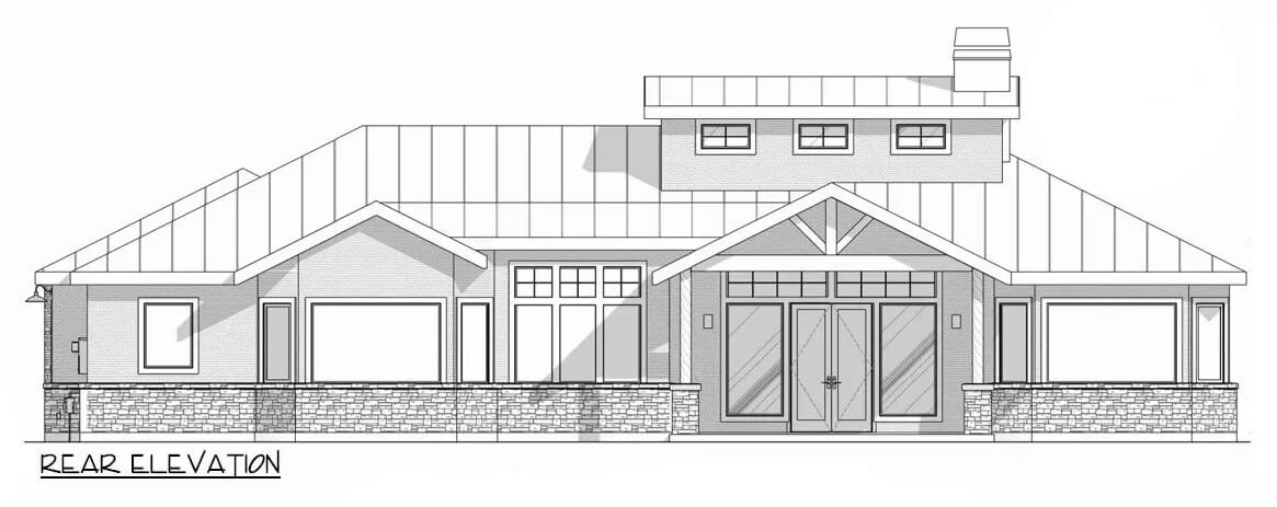 Rear elevation sketch of the 3-bedroom craftsman style single-story ranch.