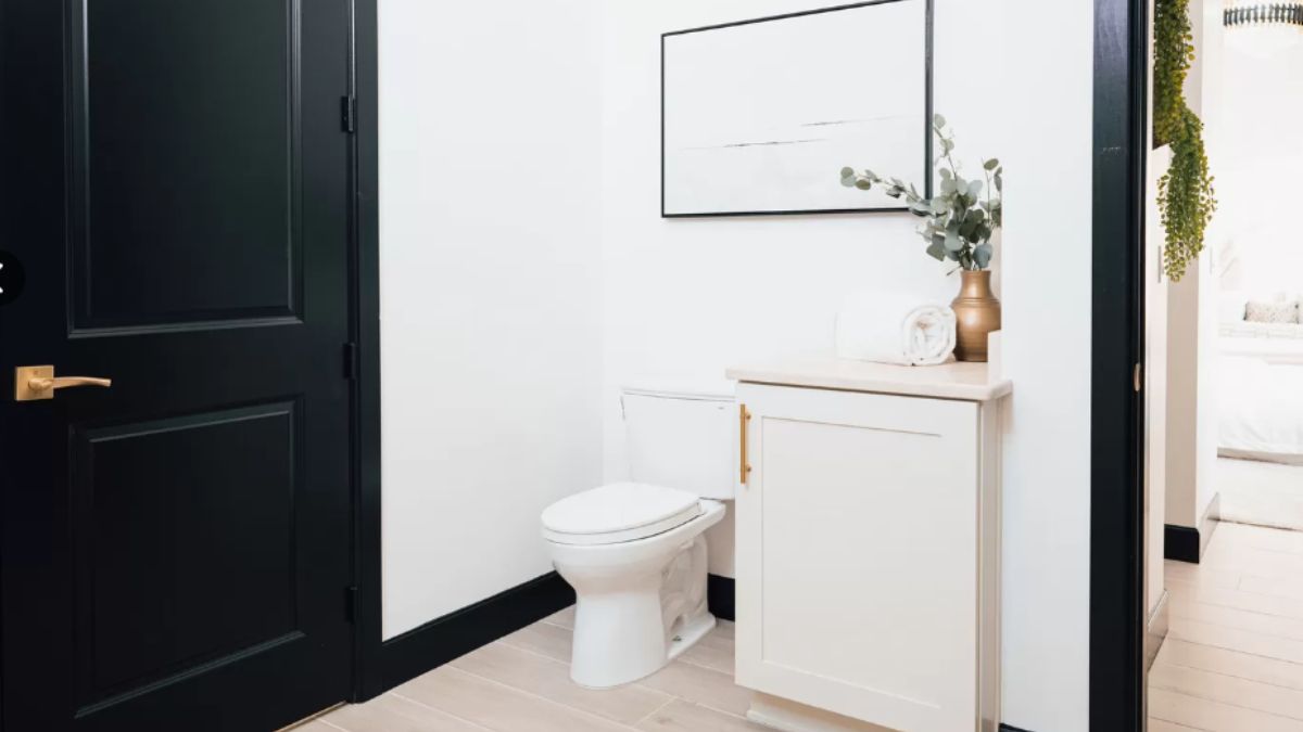 A bathroom with a cabinet and a toilet.