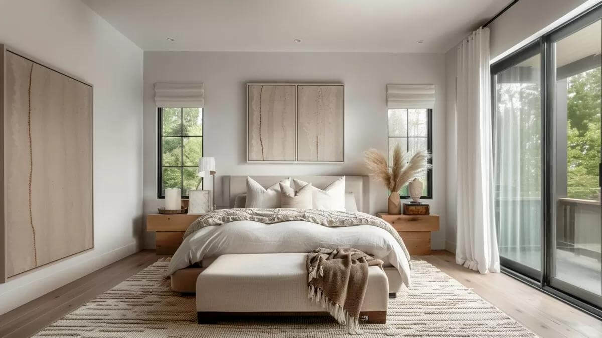 Primary bedroom with a platform bed, an upholstered bench, and sliding glass doors that open to the back porch.