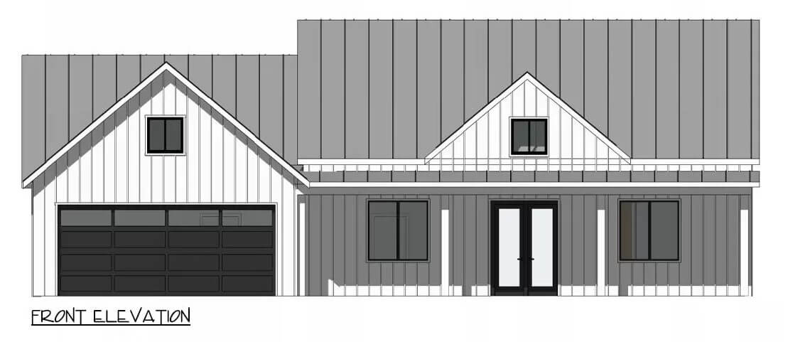 Front elevation sketch of a single-story modern 4-bedroom farmhouse.