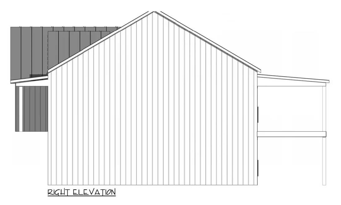 Right elevation sketch of a single-story modern 4-bedroom farmhouse.