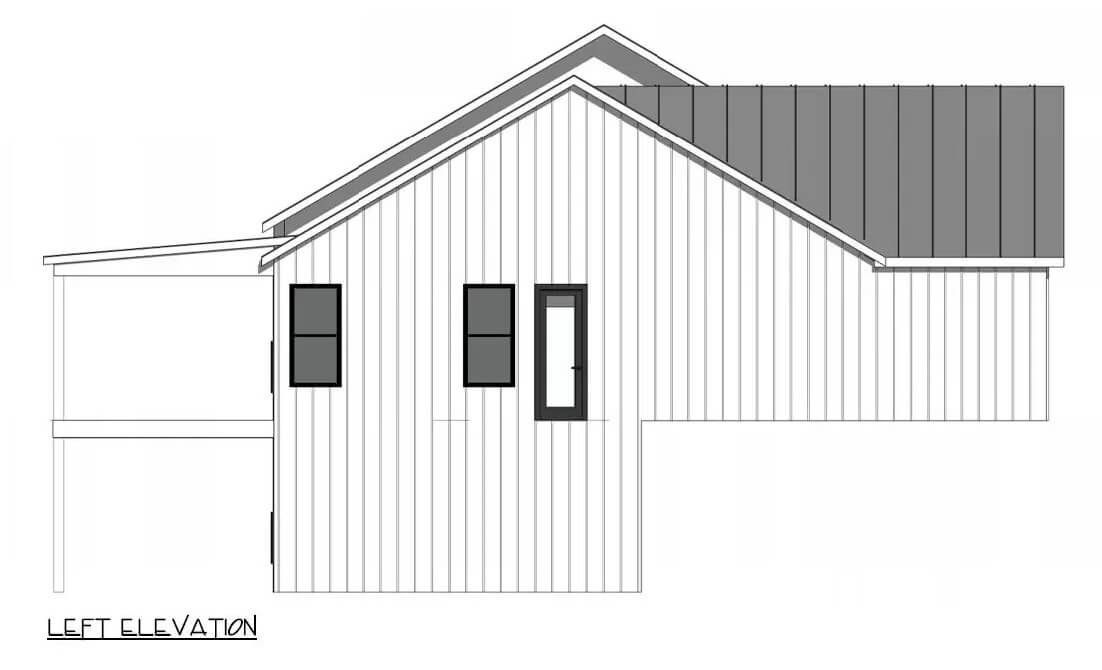 Left elevation sketch of a single-story modern 4-bedroom farmhouse.