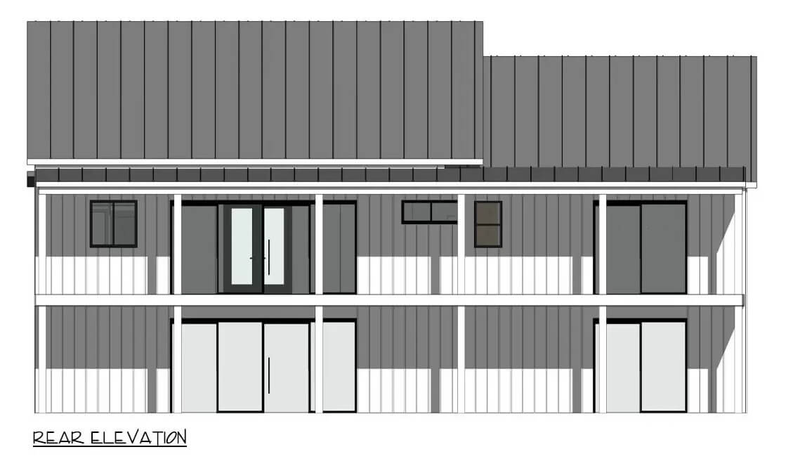 Rear elevation sketch of a single-story modern 4-bedroom farmhouse.