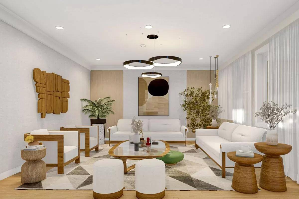 Family room with white seats and wooden tables over the geometric area rug.