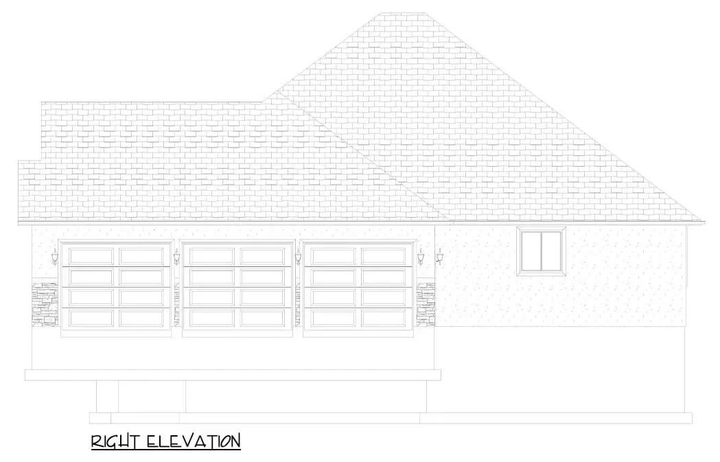 Right elevation sketch of the single-story ranch style 3-bedroom home.