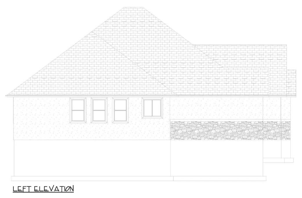 Left elevation sketch of the single-story ranch style 3-bedroom home.