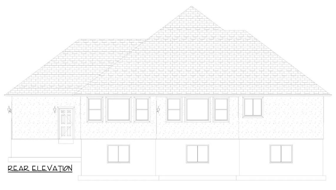 Rear elevation sketch of the single-story ranch style 3-bedroom home.