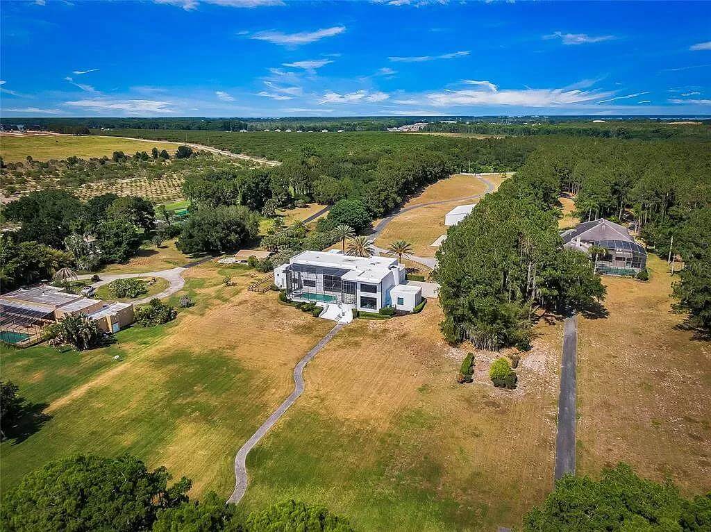 Aerial view of the contemporary style custom-built mansion.