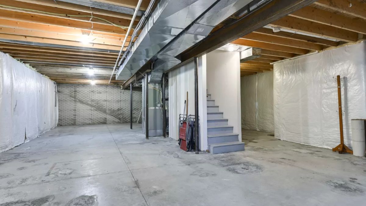 A basement with an exposed beam ceiling.