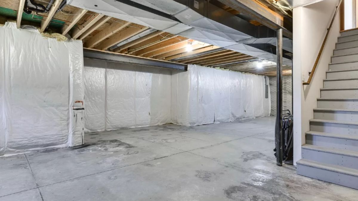 A basement with an exposed beam ceiling.