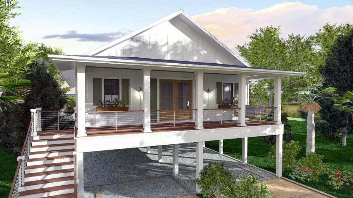 Elevated 3-Bedroom Single-Story Cottage with Front Porch and Elevator (Floor Plan)