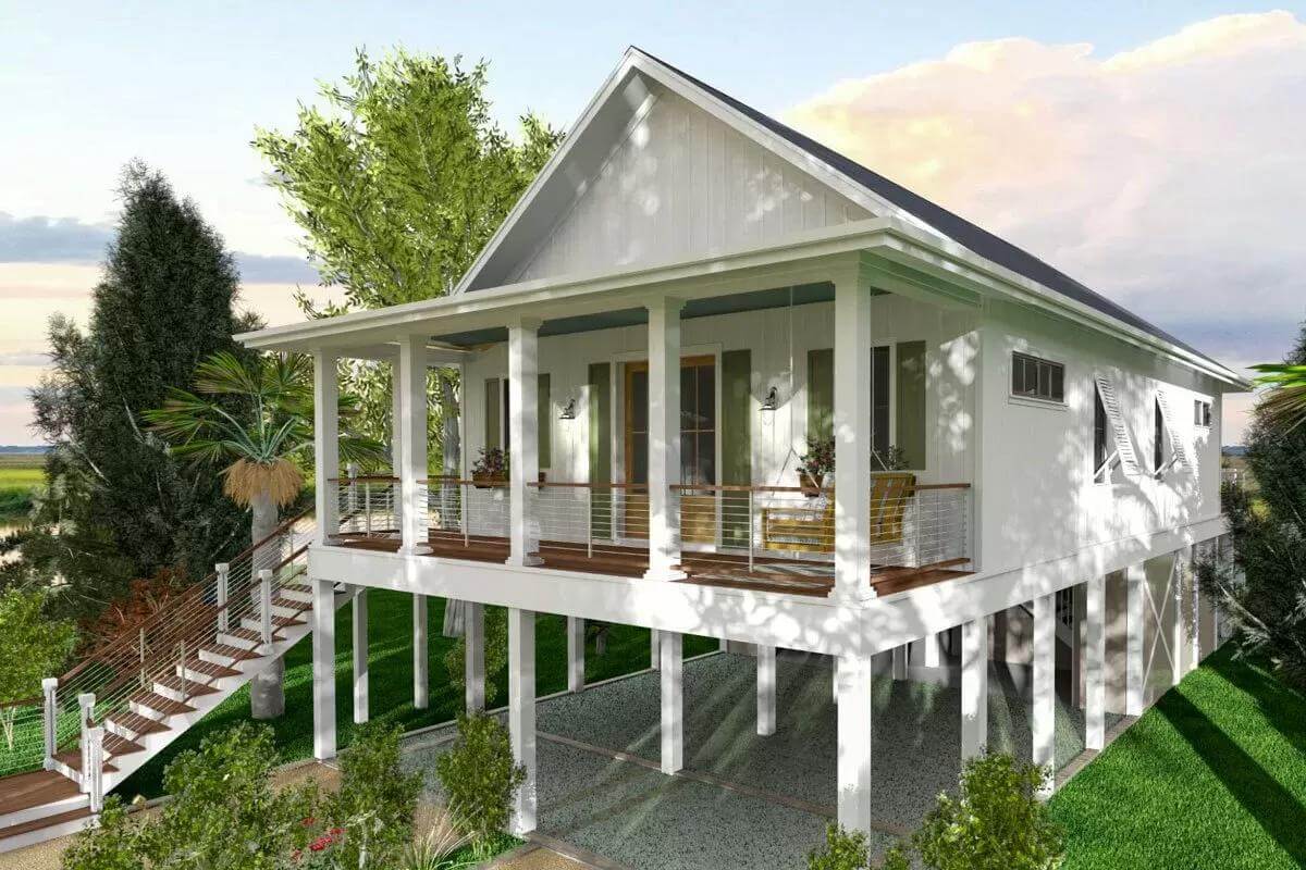 Front entry with a covered front porch framed with white pillars.