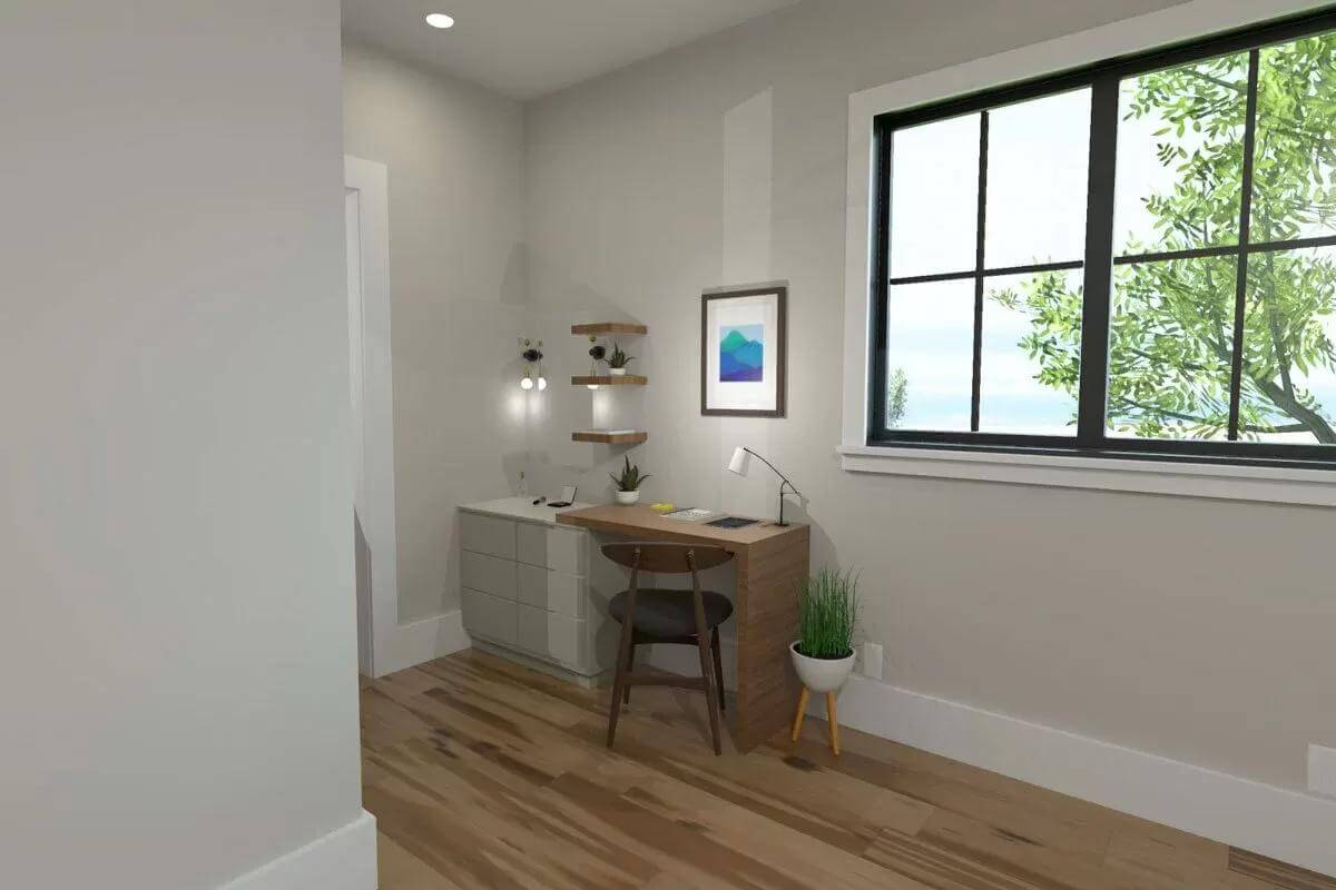 Study with a wooden desk, floating shelves, and black-framed windows. 