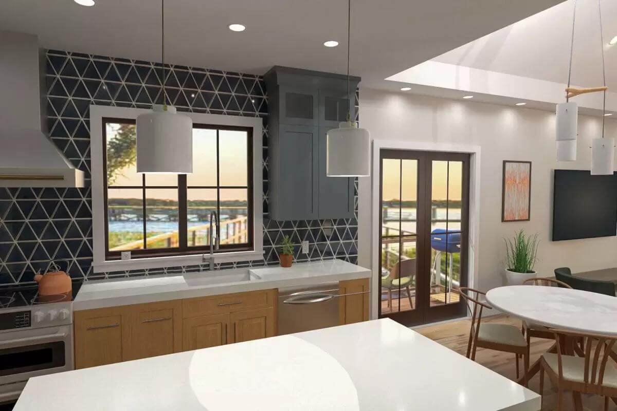 Kitchen with wooden cabinets, and a center island.