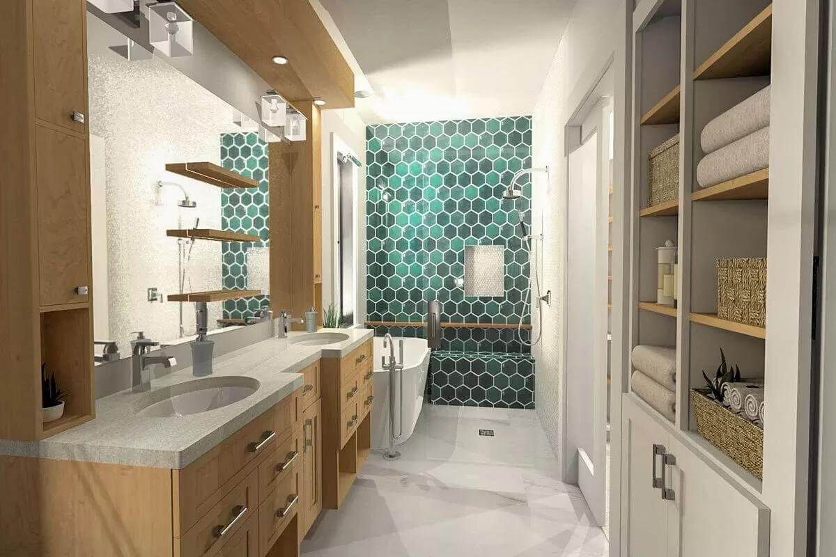 Primary bathroom with a dual sink vanity and a walk-in shower with a soaking tub.