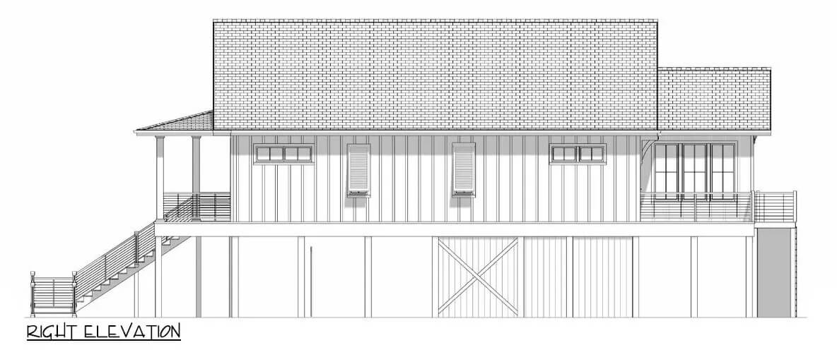 Right elevation sketch of the 3-bedroom single-story cottage.