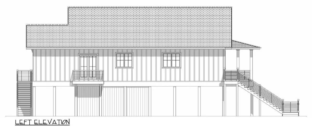 Left elevation sketch of the 3-bedroom single-story cottage.